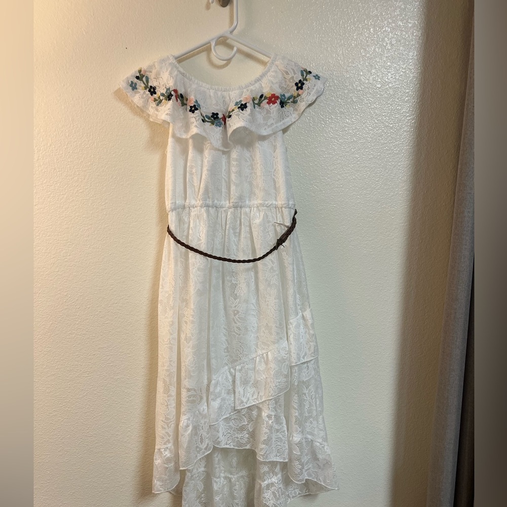 White lace dress asymmetrical with belt